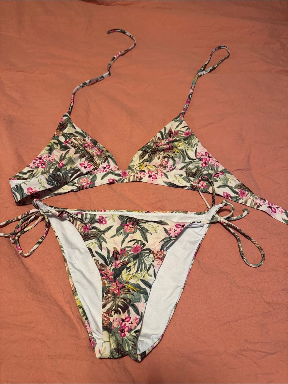 Victoria's Secret Floral Print Triangle Bikini - Pink, Green, Cream